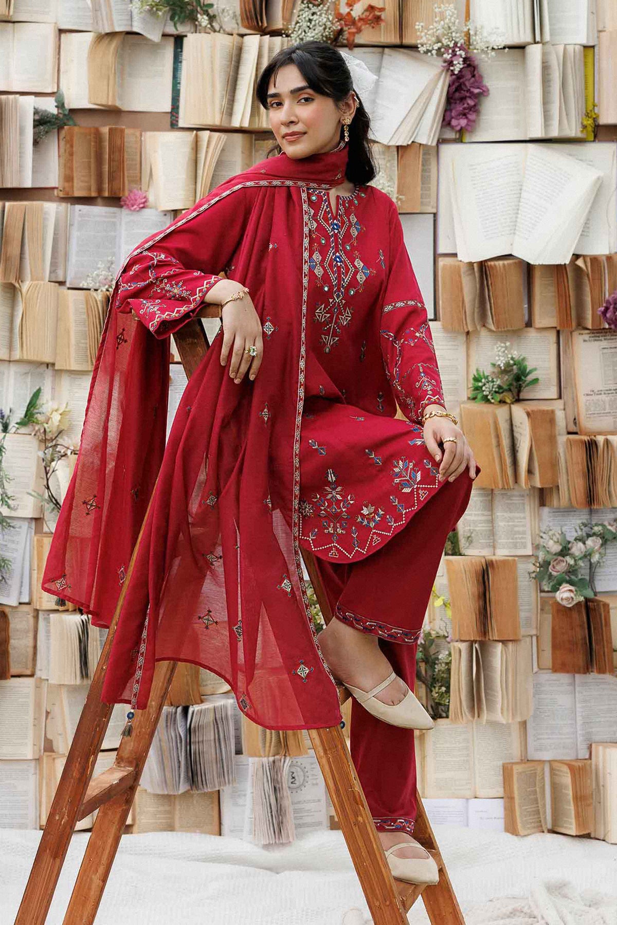 Nishat UK - Red Embroidered Karandi 3 Pieces ready to wear Suit