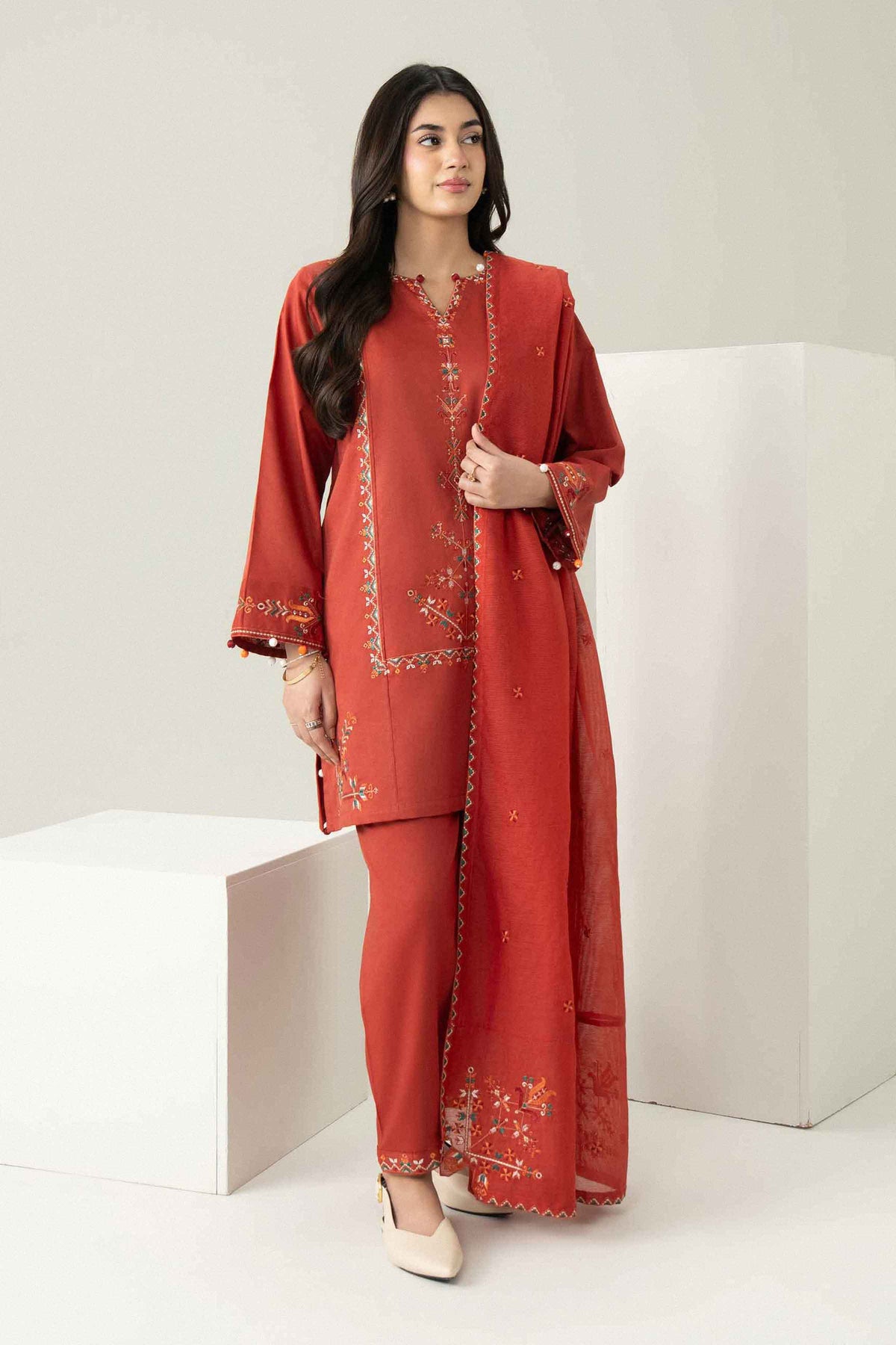 Nishat UK - Orange Embroidered Karandi 3 Pieces ready to wear Suit
