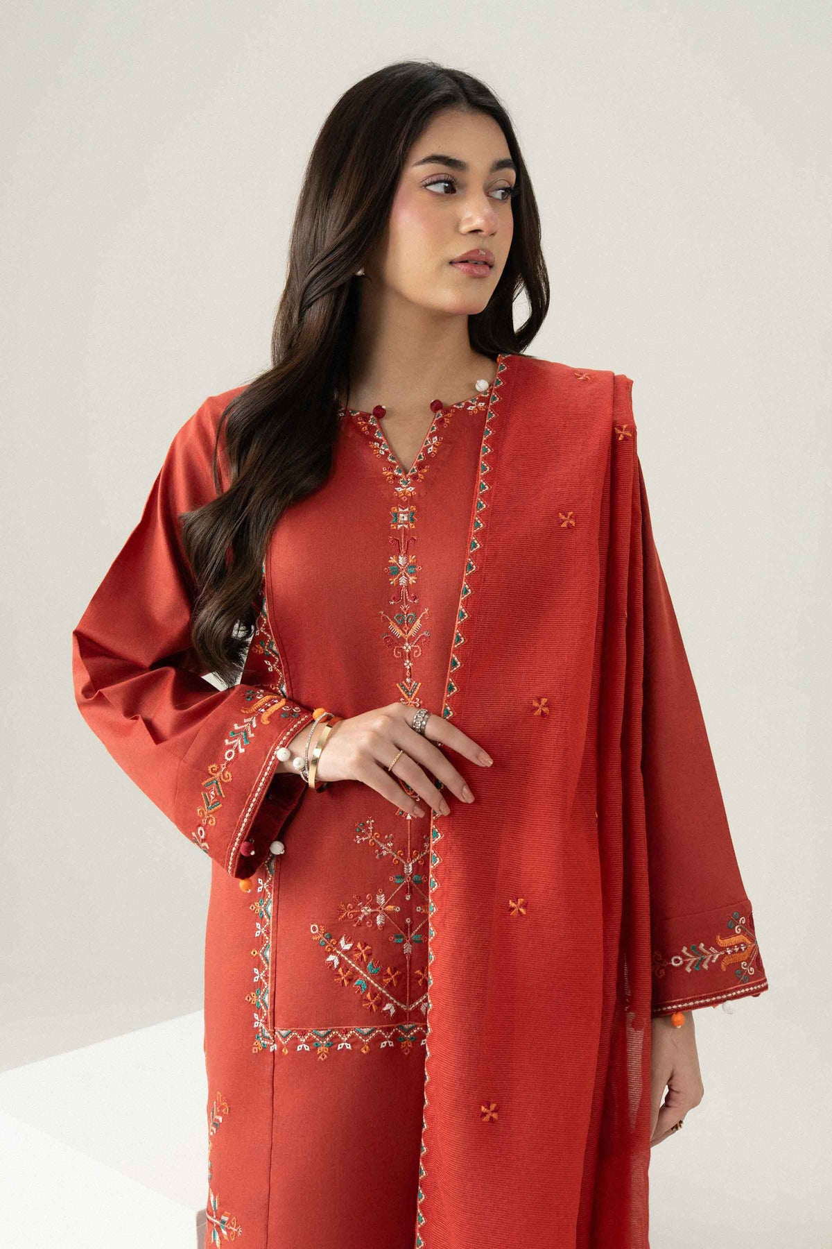 Nishat UK - Orange Embroidered Karandi 3 Pieces ready to wear Suit