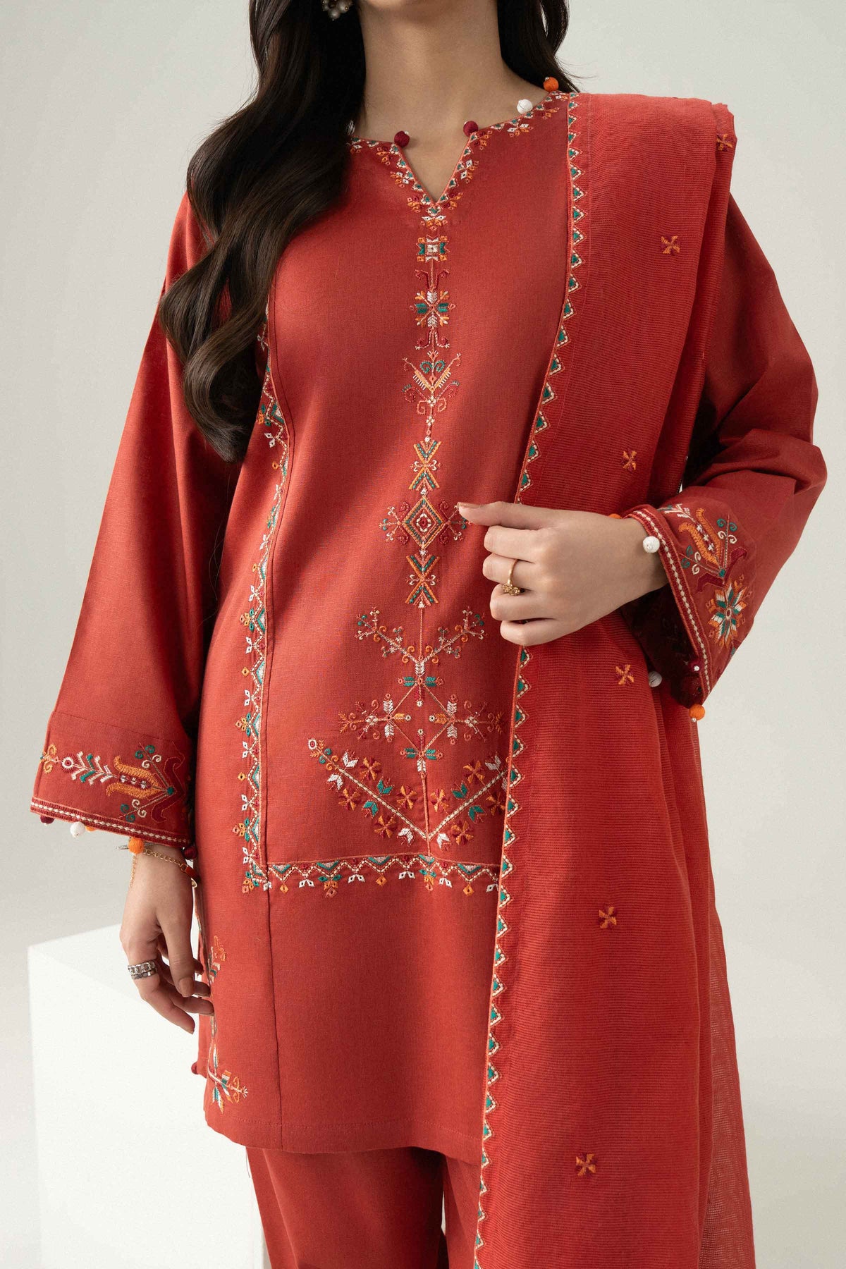 Nishat UK - Orange Embroidered Karandi 3 Pieces ready to wear Suit