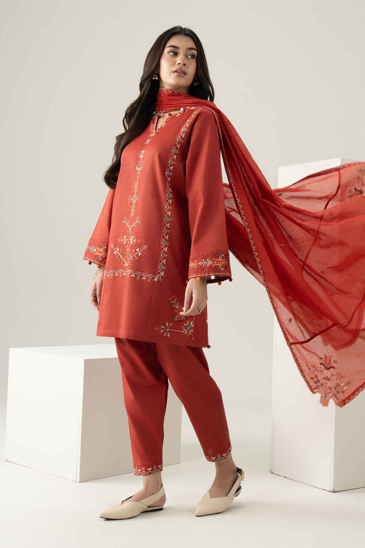 Nishat UK - Orange Embroidered Karandi 3 Pieces ready to wear Suit