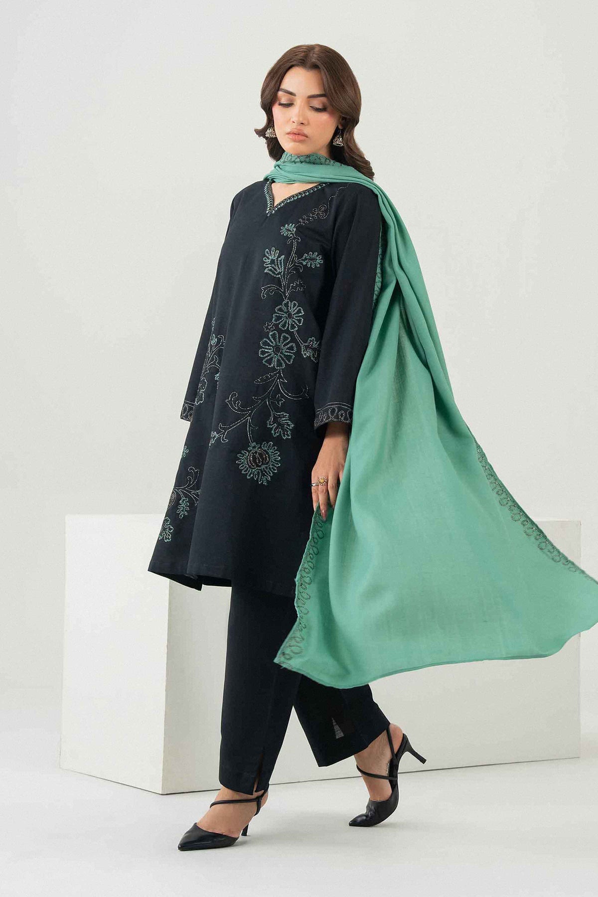 Nishat UK - Black Embroidered Slub Khaddar 3 Pieces ready to wear Suit