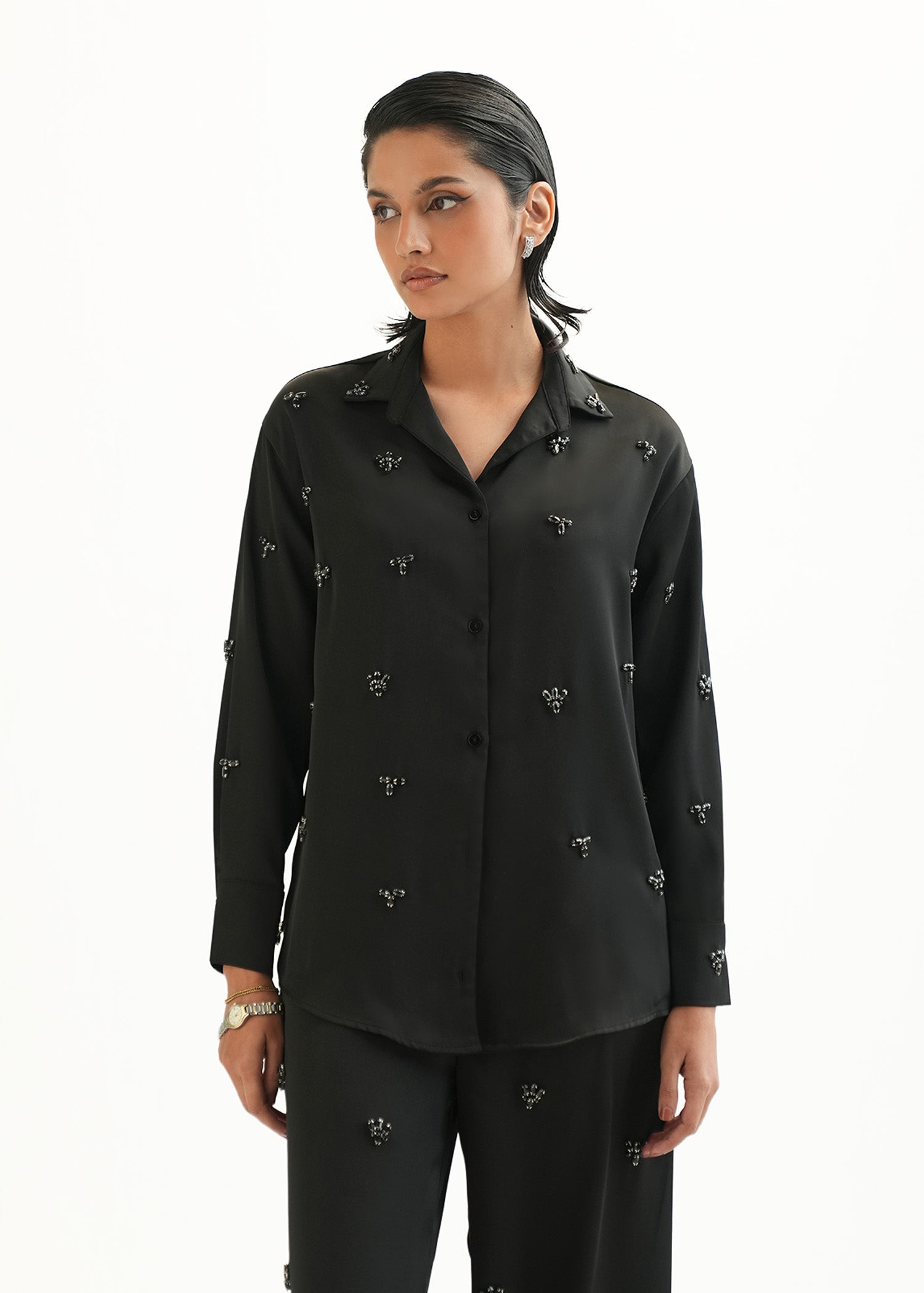 NishatUK - Black Embroidered   Polyester 1-piece ready to wear Shirt