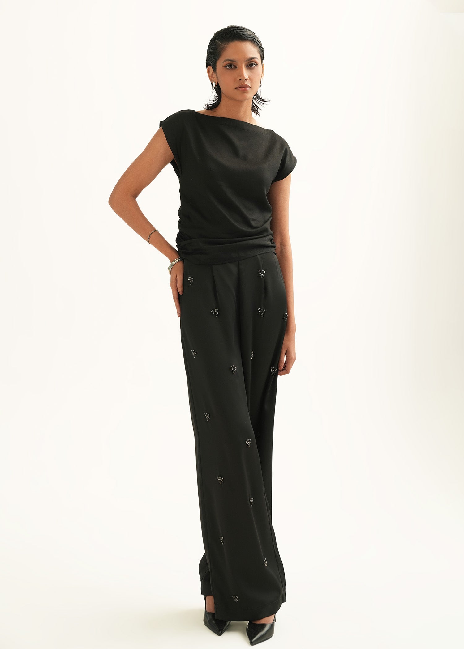 NishatUK - Black Embroidered    Polyester 1-piece ready to wear Pants