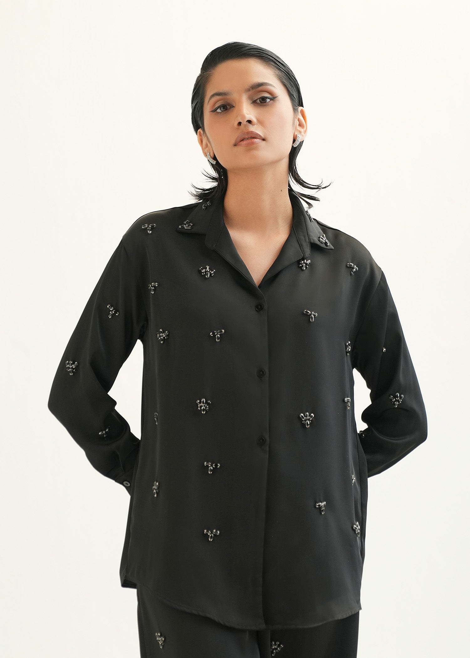 NishatUK - Black Embroidered   Polyester 1-piece ready to wear Shirt