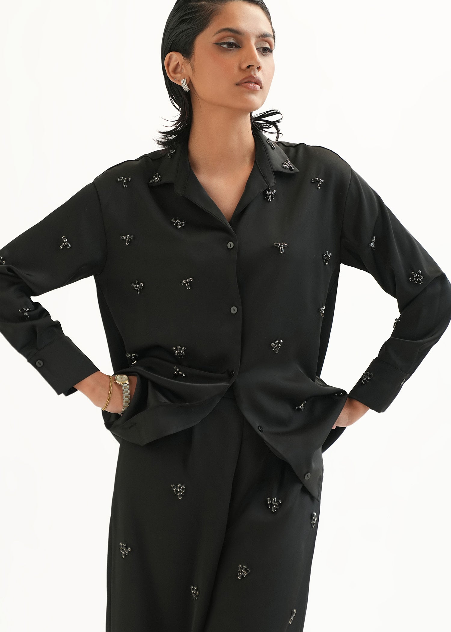 NishatUK - Black Embroidered   Polyester 1-piece ready to wear Shirt