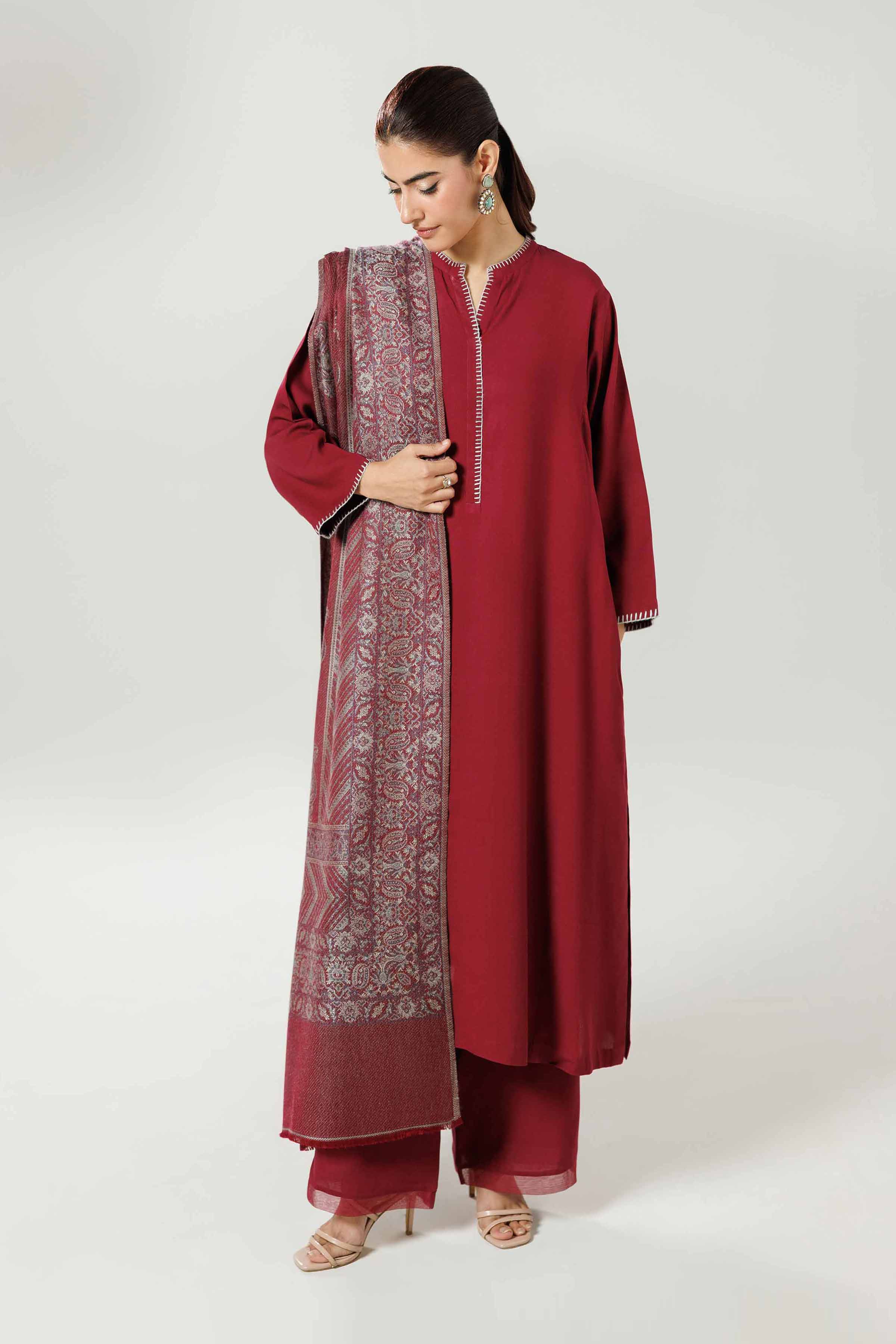 NishatUK - Maroon Solids Linen 3-piece ready to wear luxury suit