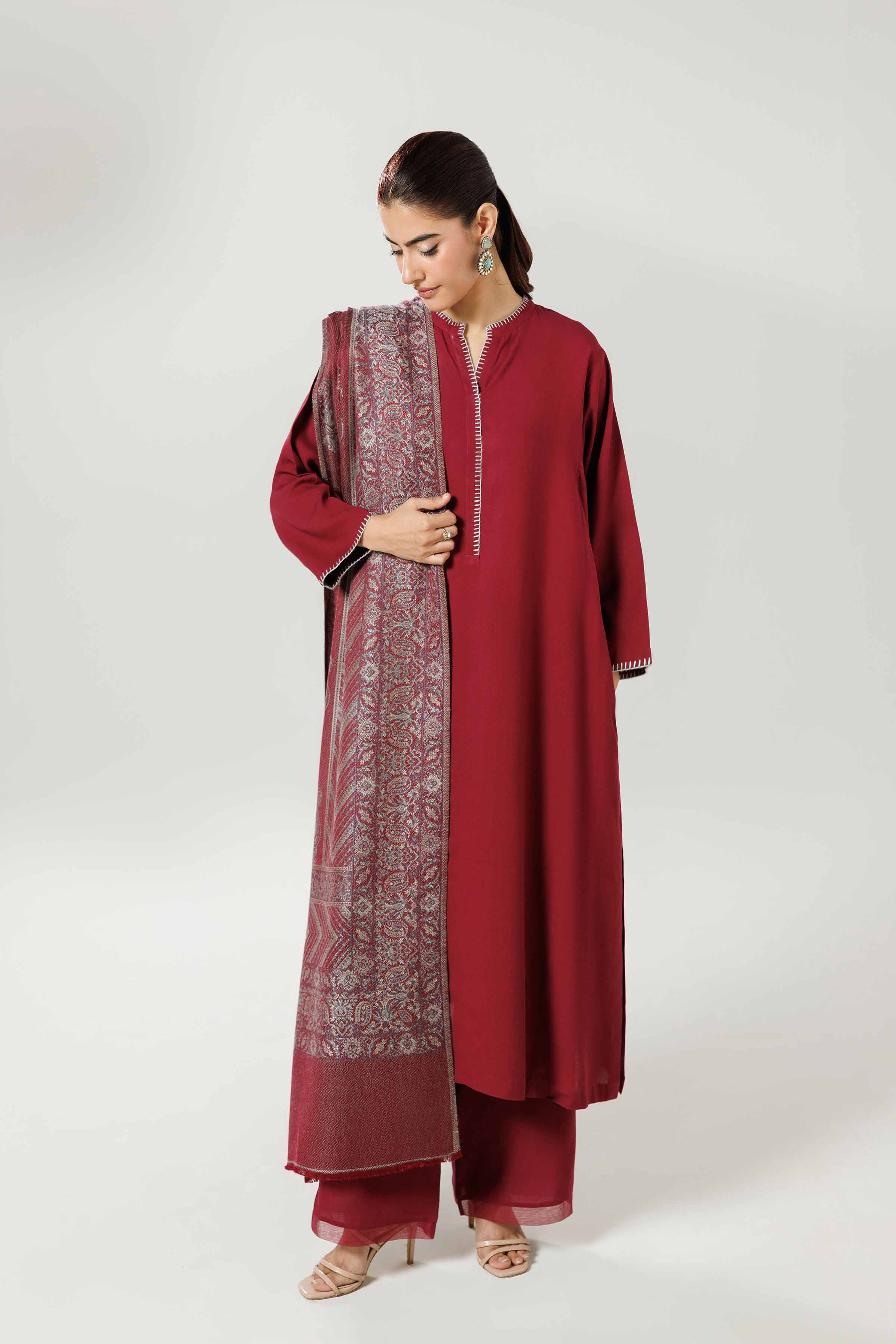 NishatUK - Maroon Solids Linen 3-piece ready to wear luxury suit