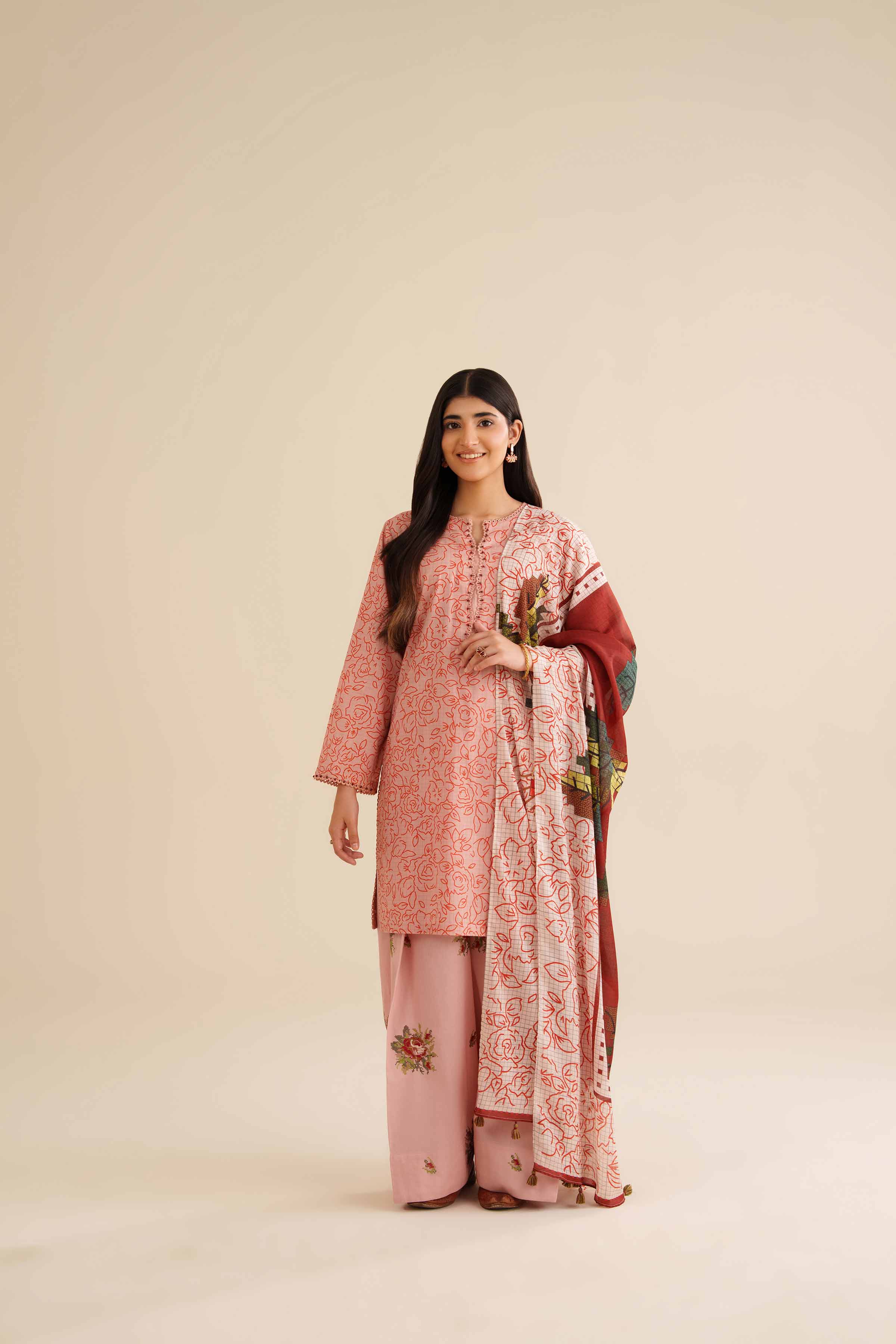 NishatUK - Peach Pink Embroidered Cambric 3-piece ready to wear Suit