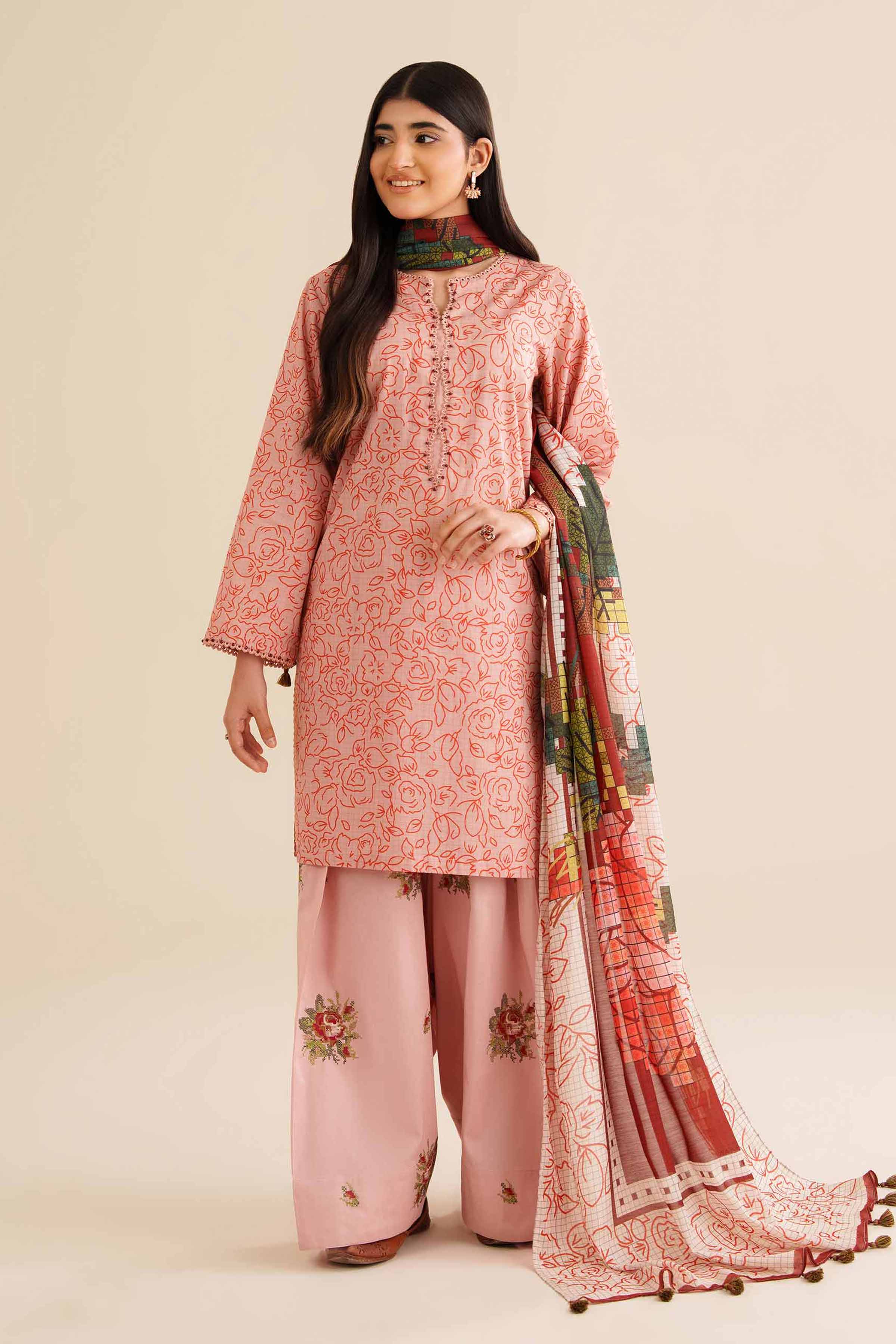 NishatUK - Peach Pink Embroidered Cambric 3-piece ready to wear Suit