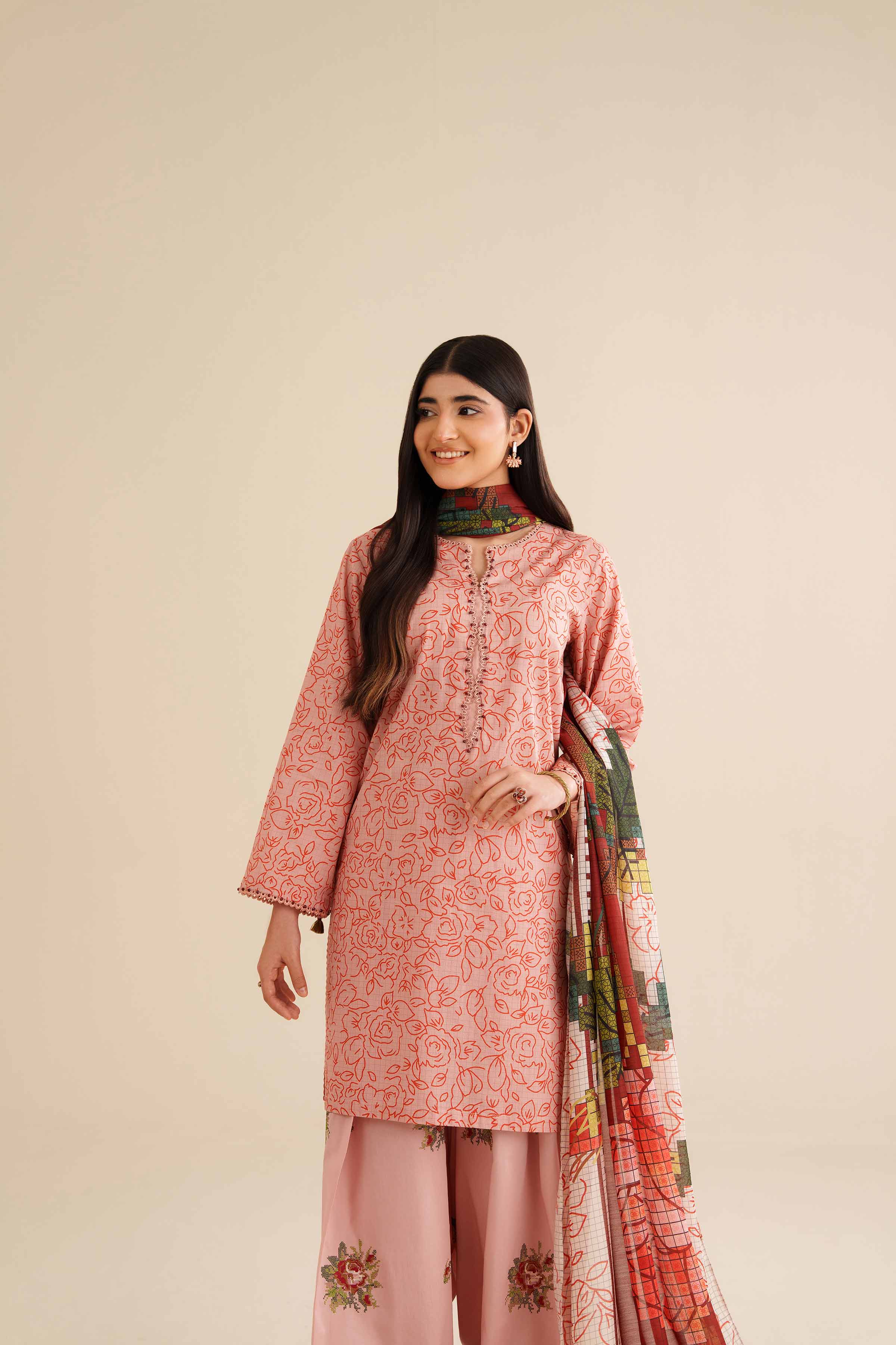 NishatUK - Peach Pink Embroidered Cambric 3-piece ready to wear Suit